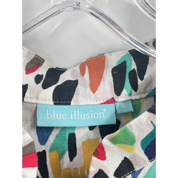 Blue Illusion Button Down Tunic Top Colorful Linen Sz Small Short Sleeve - Picture 4 of 7